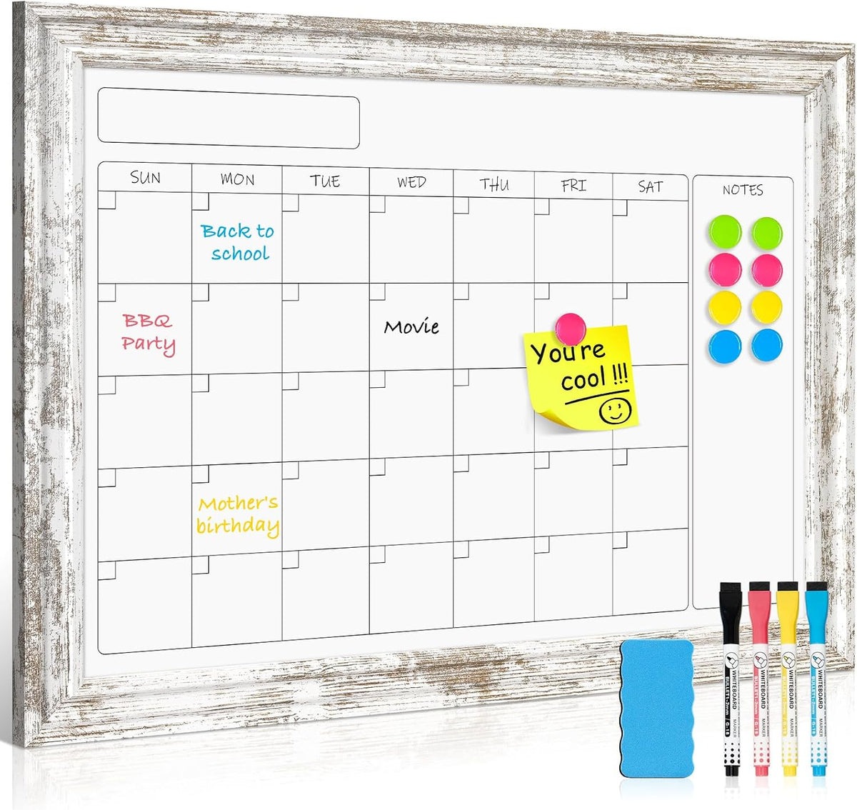 Monthly Dry Erase Calendar Whiteboard for Wall, 24"x18", Rustic Wood Frame