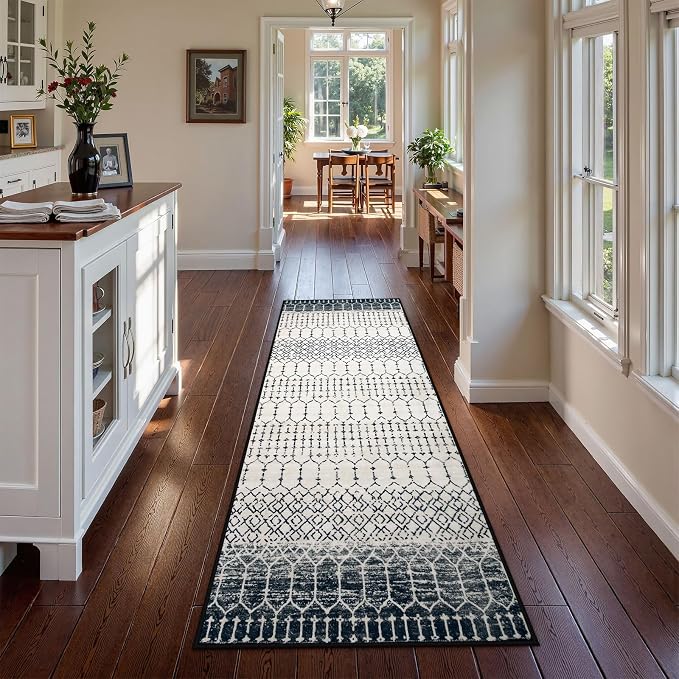 Lahome Moroccan Hallway Runner Rug, Washable Black 2x8 Rug Runner Ultra-Thin