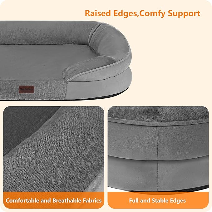 Dwanton Orthopedic Dog Bed for Extra Extra Large Dogs with Gel Memory Foam, Waterproof Dog Sofa, Washable Pet Bed with Four Sided Bolster Cushion, Removable Cover & Non-Slip Bottom, 48", Medium Gray