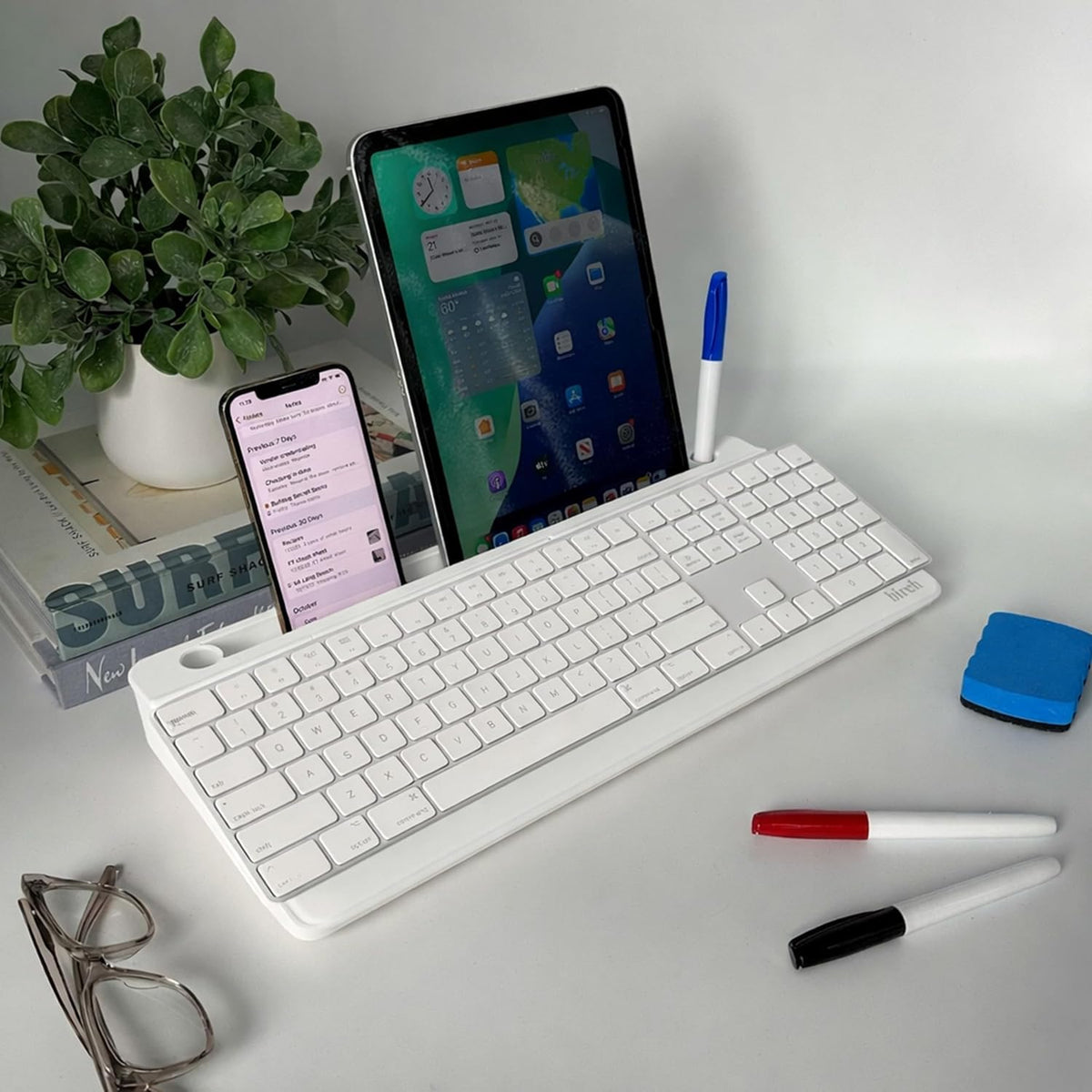 Birch Desktop Glass Whiteboard with Magnetic Weekly Calendar – Dry Erase Board, Keyboard Stand, Hidden Storage, Adjustable Dividers, 3 Markers & Eraser – Office, Home, School – Cloud