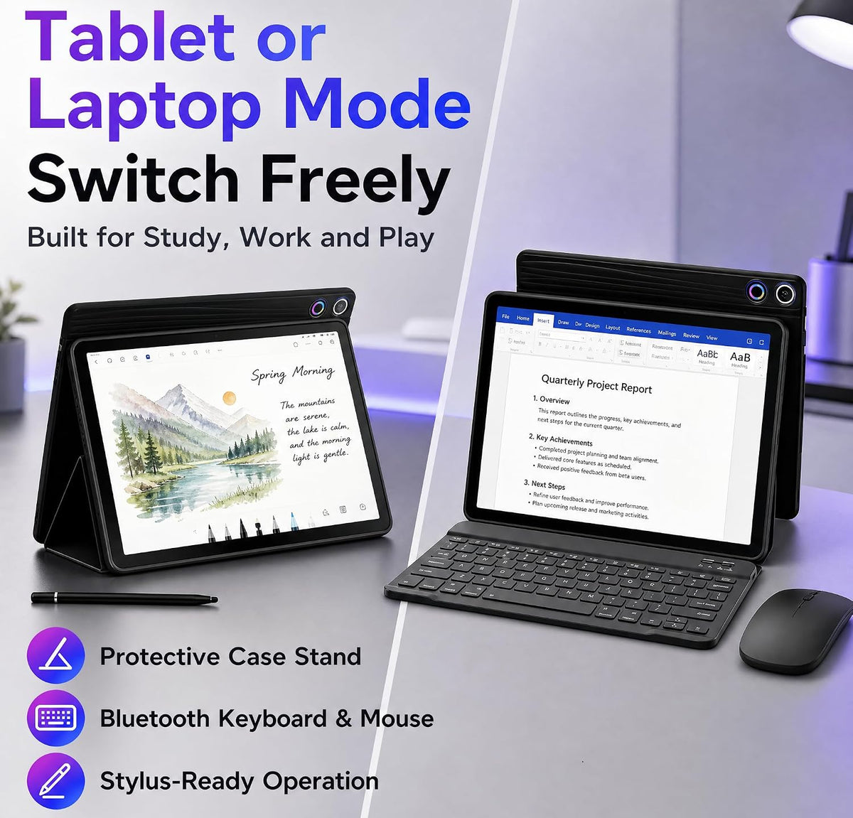 Jeazans Android 16 Tablet 10.1 Inch, 2-in-1 Tablet Bundle with Keyboard, Wireless Mouse, Stylus, Leather Case, Dual Camera, 64GB Storage+4TB Expansion, Portable Laptop for Students & Business