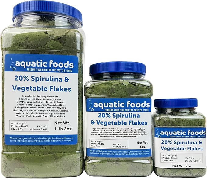 Aquatic Foods Inc. Premium Spirulina & Vegetable Flakes with 20% Spirulina for African Cichlids, Angle Fish, All Tropical Fish Also Pellet Mix, Wafer Mix Included…6oz