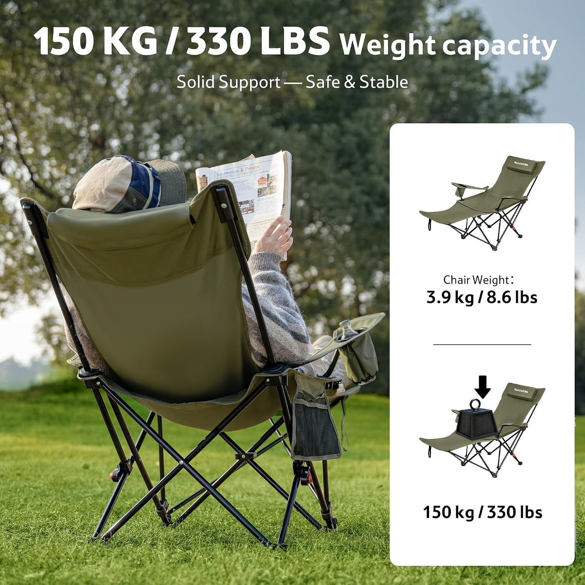 Naturehike 3-Position Adjustable Recliner with Footrest, Heavy Duty Folding Camping Chair, Portable Lounge Chair with Carry Bag, Cup Holder & Side Pocket for Beach, Patio, Lawn – Supports 330 lbs
