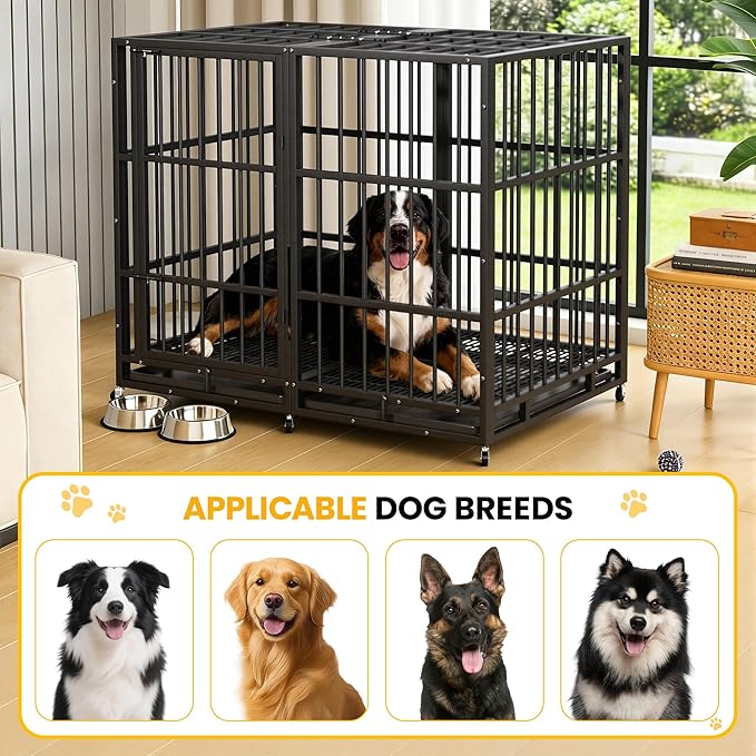 54 Inch Heavy Duty Dog Crate Indestructible XL Steel Escape Proof, Indoor High Anxiety Cage Kennel with Wheels, Removable Tray, Extra Large Kennel XL XXL