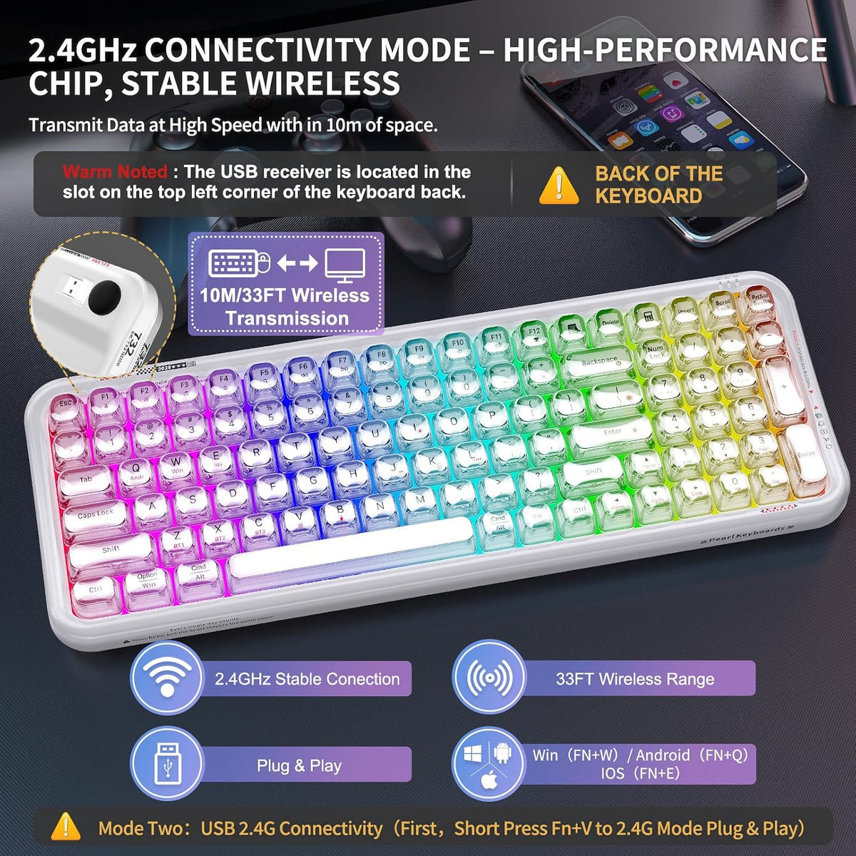 FOPETT Wireless Computer Keyboard with RGB Backlit, Tri-Mode Bluetooth 5.0/USB-C/2.4GHz Ergonomic Gaming Keyboard - Full-Size Rechargeable Transparent Keycap for Laptop/Windows/PC - White