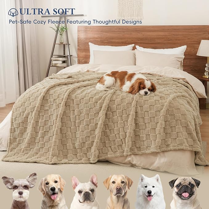 David's Home Large Dog Blankets Washable Pet Bed Cover, Soft Fluffy Fuzzy Cat Puppy Blanket with Premium 300GSM Fleece for Pet Kitten Doggy, Pale Khaki, 50x60IN