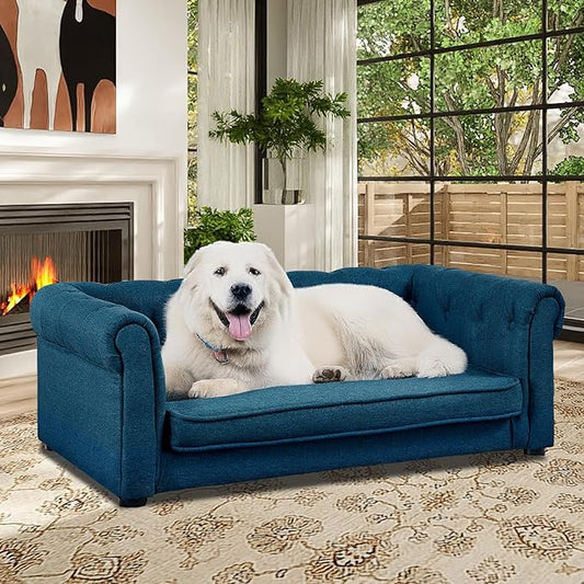 Dog Couch for Large Dogs, Elevated Durable Pet Sofa Bed, 24" W Comfortable Modern and Stylish Dog Sofa Couch with Dry Cleanable Fabric, Furniture for Medium & Large Breed (Blue)
