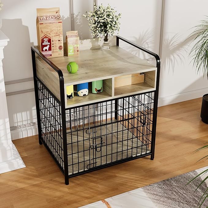 Small Dog Crate Furniture with Drawers Storage, Puppy Dog Kennel Indoor with Double Doors, Heavy Duty Wooden Dog Cage Table, Sturdy Metal, Gray