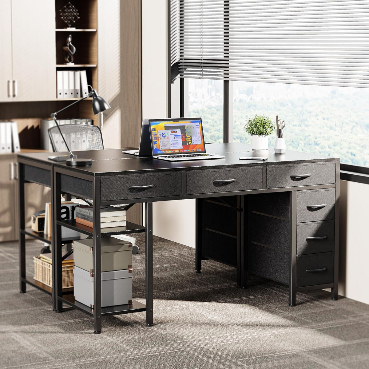 Huuger Computer Desk with 6 Drawers, Office Desk with Shelves, Reversible Gaming Desk, Corner Desk with Storage, Work for Home Office, Study, Living Room, 47inch, Black