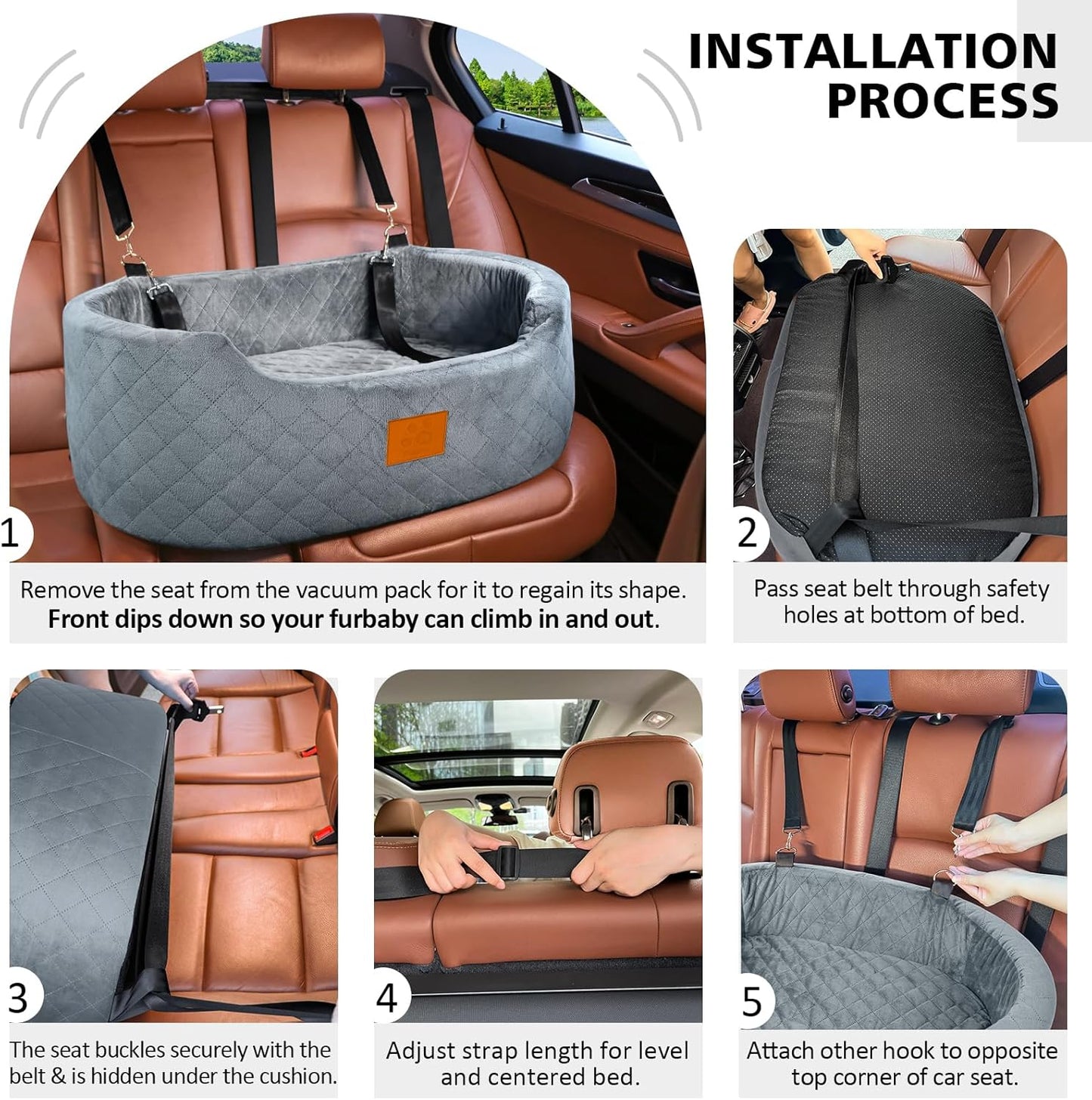 Dog Car Seat for Medium & Large Dogs up to 55 lbs, Elevated Booster Seat with Anti-Slip Base, Detachable & Machine-Washable Pet Car Bed for SUV/Sedan (Gray)