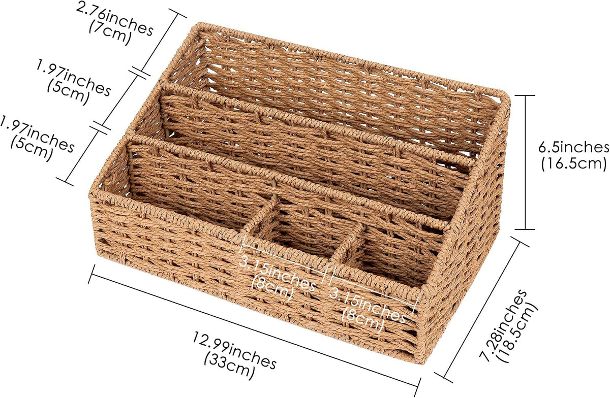 Woven Desk Organizer Basket with 5 Compartments, Rustic Paper Rope Mail Holder with Metal Frame, Storage Caddy for Bills, Pens & Office Essentials