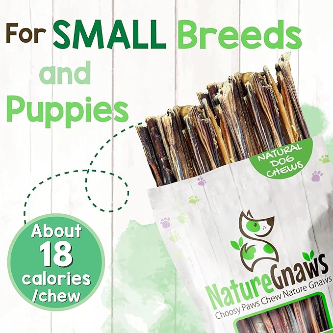Nature Gnaws Extra Thin Pork Bully Sticks for Small Dogs 5-6" (50 Count) - Long Lasting for Light Chewers and Puppies - Natural Bacon Dog Chew Treats