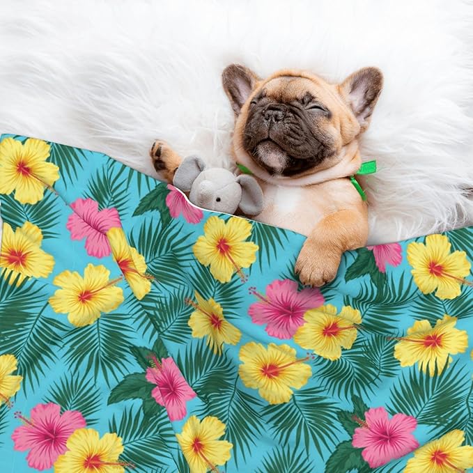 Dog and Cat Blanket in One, Hawaii Tropical Floral Plants, Double Sided Plush Throw with Raised Dot Pattern on One Side and Flat Velvet on Other for Variety
