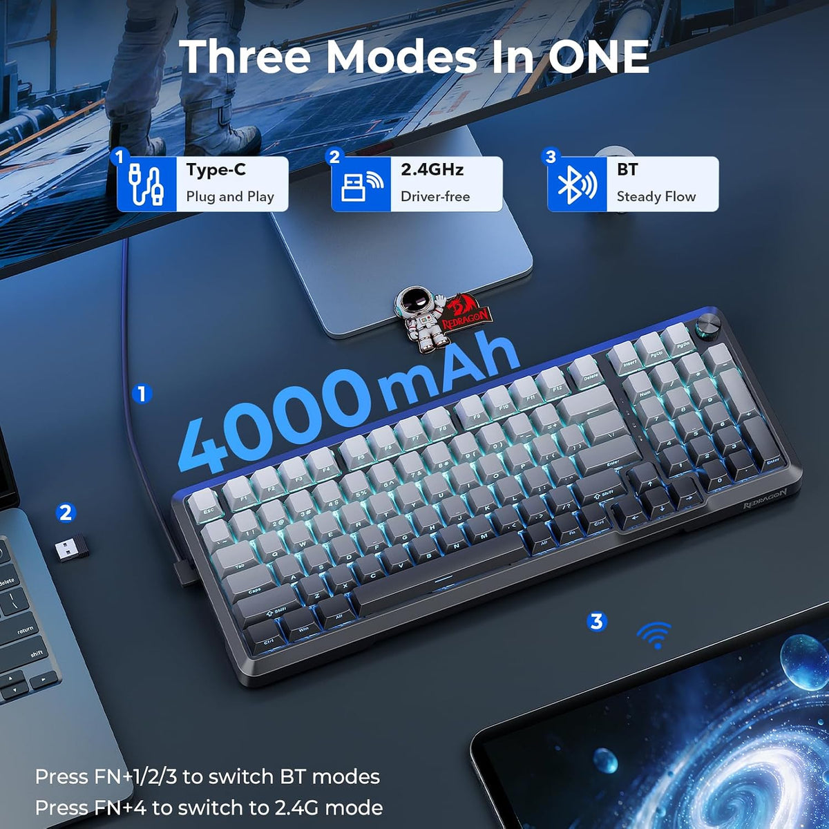 Redragon K688SP-RGB-PRO 96% Three-Mode Mechanical Keyboard Gasket Structure RGB hot Plug 8000mAh with knob Black and Gray Gradient Side Engraved keycaps