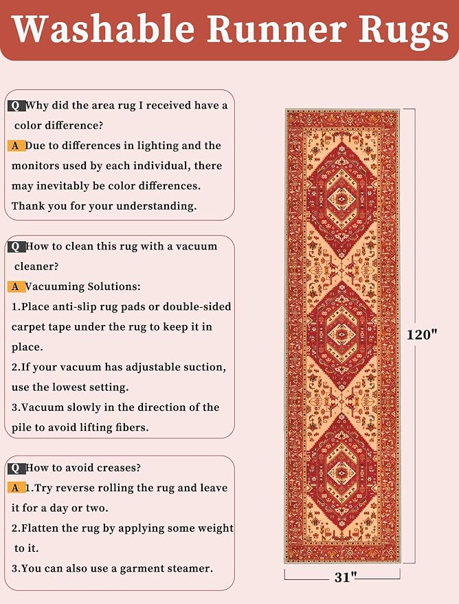 SERISSA Runner Rug for Hallways, Long Boho Rug Vintage Red Hallway Stair Ultra