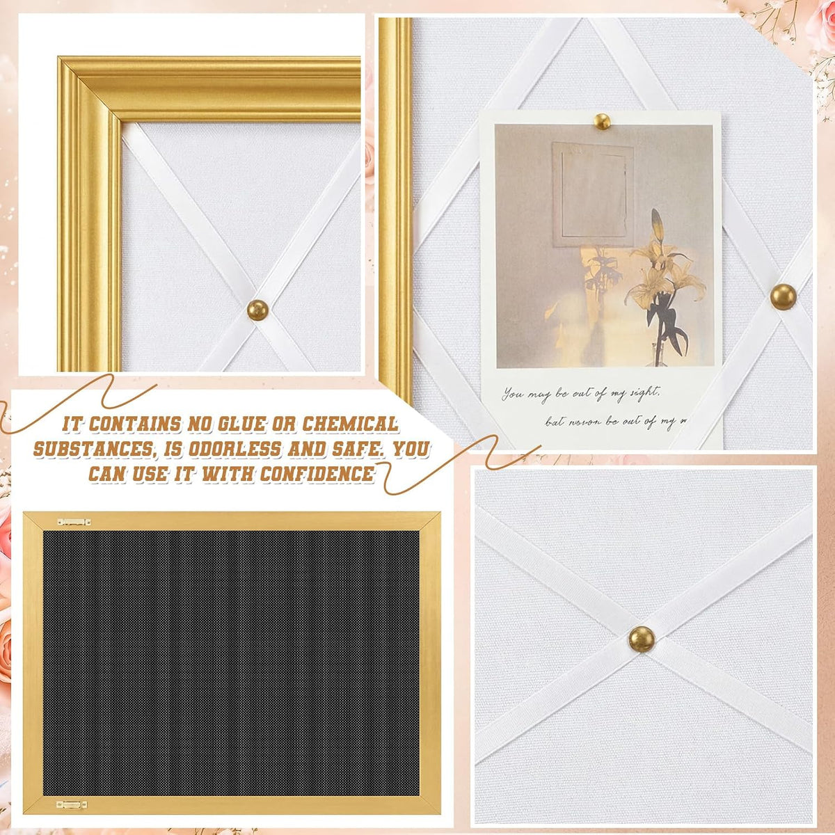 DoubleFill White Bulletin Board 21"×27" Linen Fabric Decorative Board Hanging Memo Boards for Women Large Cork Bulletin Boards for Home Office with 20 Pushpins - White Linen with Gold Frame