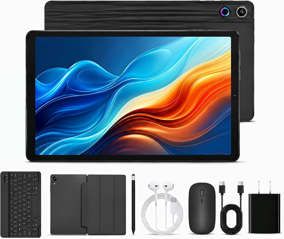 Jeazans Android 16 Tablet 10.1 Inch, 2-in-1 Tablet Bundle with Keyboard, Wireless Mouse, Stylus, Leather Case, Dual Camera, 64GB Storage+4TB Expansion, Portable Laptop for Students & Business