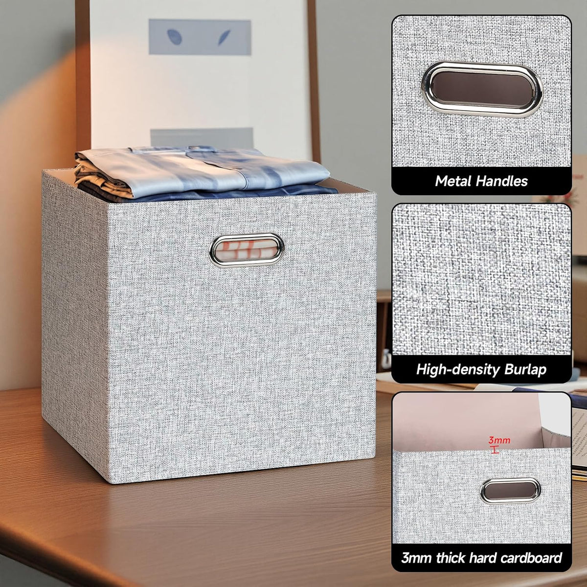 Posprica Collapsible Storage Bins,13×13 Foldable Storage Cube Boxes Fabric Drawer Fabric Storage Bins Vinyl Record Woven Gray, 4 Pack
