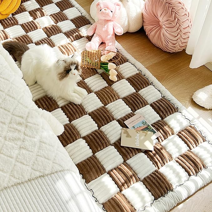 FunnyFuzzy Cream-Coloured Plaid Square Pet Mat Bed Couch Cover, Winter Thickened Dog Bed Cover Pet Blanket Sofa Couch Furniture Protector For Kids Dog Cat(Size:27.6*70.9 in,Color:Dark Brown)