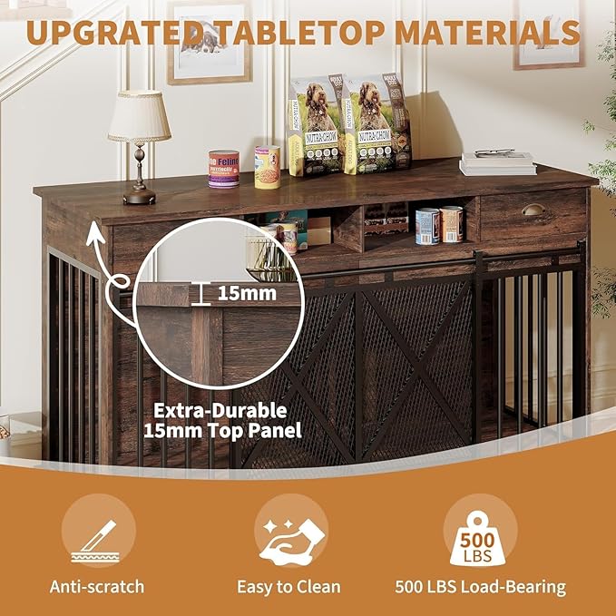 63 Inch Dog Crate Furniture with Double Doors, Modern Farmhouse Indoor Kennel for Small to Medium Dogs, Dual Drawer Storage TV Stand, Media Console and Sideboard, Versatile Pet Cabinet