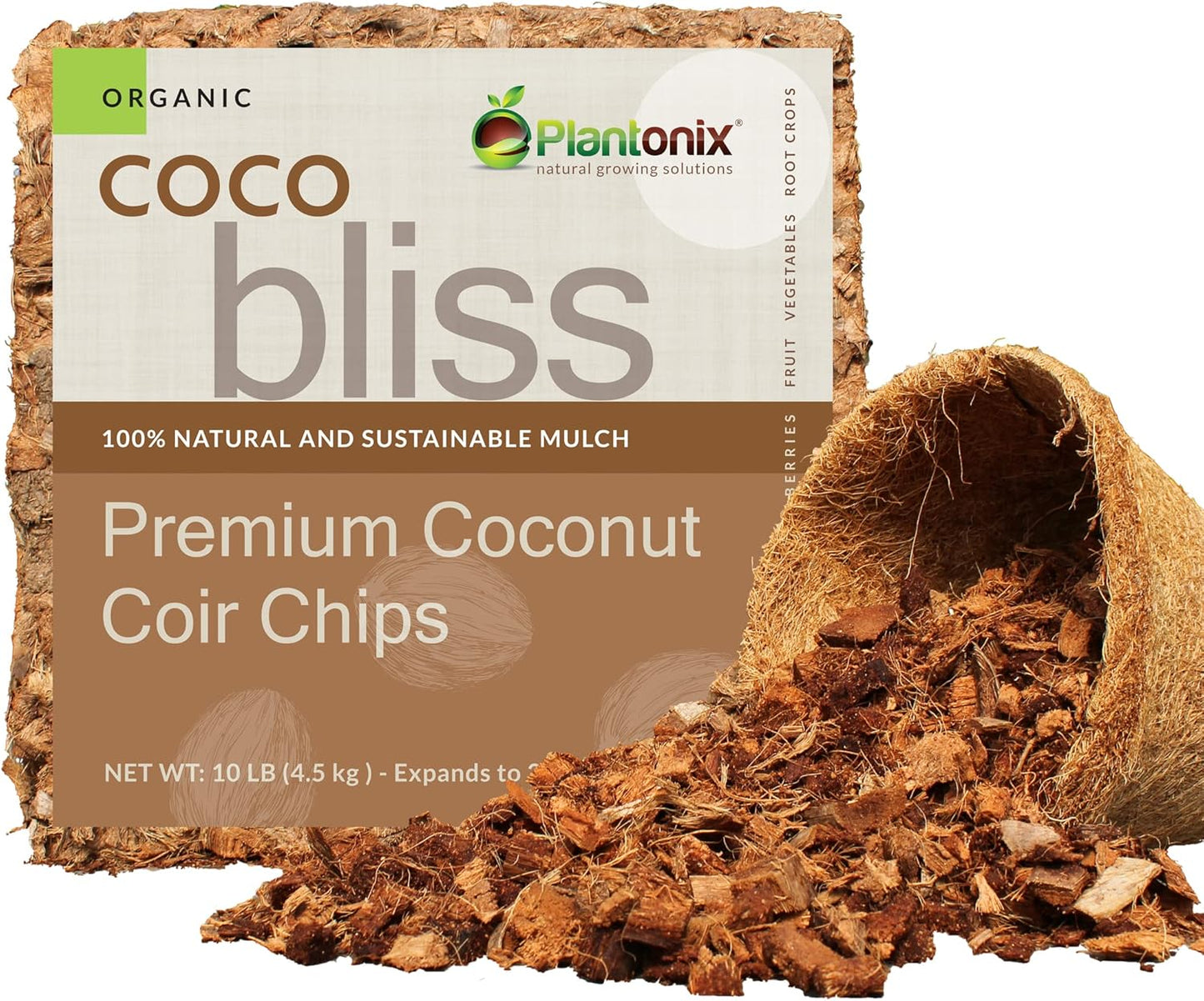 Organic Coco Chips for Plants (10lbs) - Coco Coir Chips - Coconut Husk Chips for Potting Soil, Garden Soil, & Seed Starter Soil - Coconut Mulch for Garden - Compressed Coconut Chips for Plants