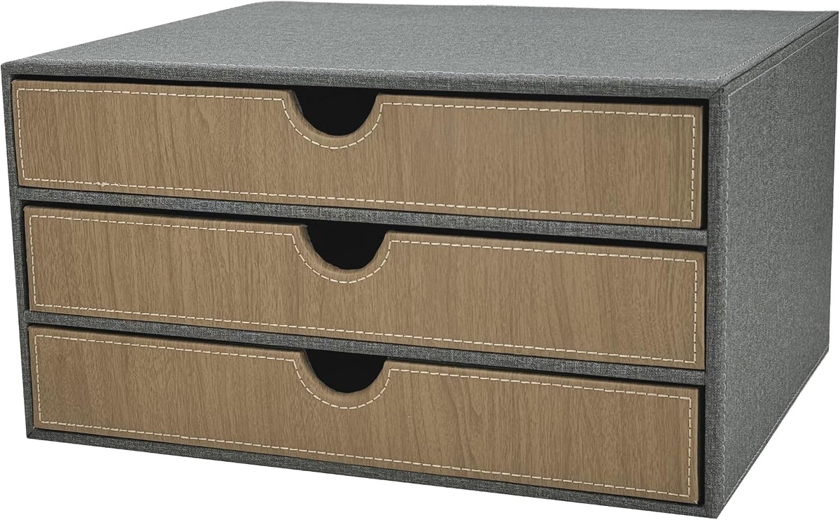 3-Drawer Leather Desk Organizer with A4 File Holder-Stackable Modular Storage Box for Office Supplies,Files,Bills & Jewelry-Space-Saving Design for Home Office,Desk & Workspace(Grey Cloth)