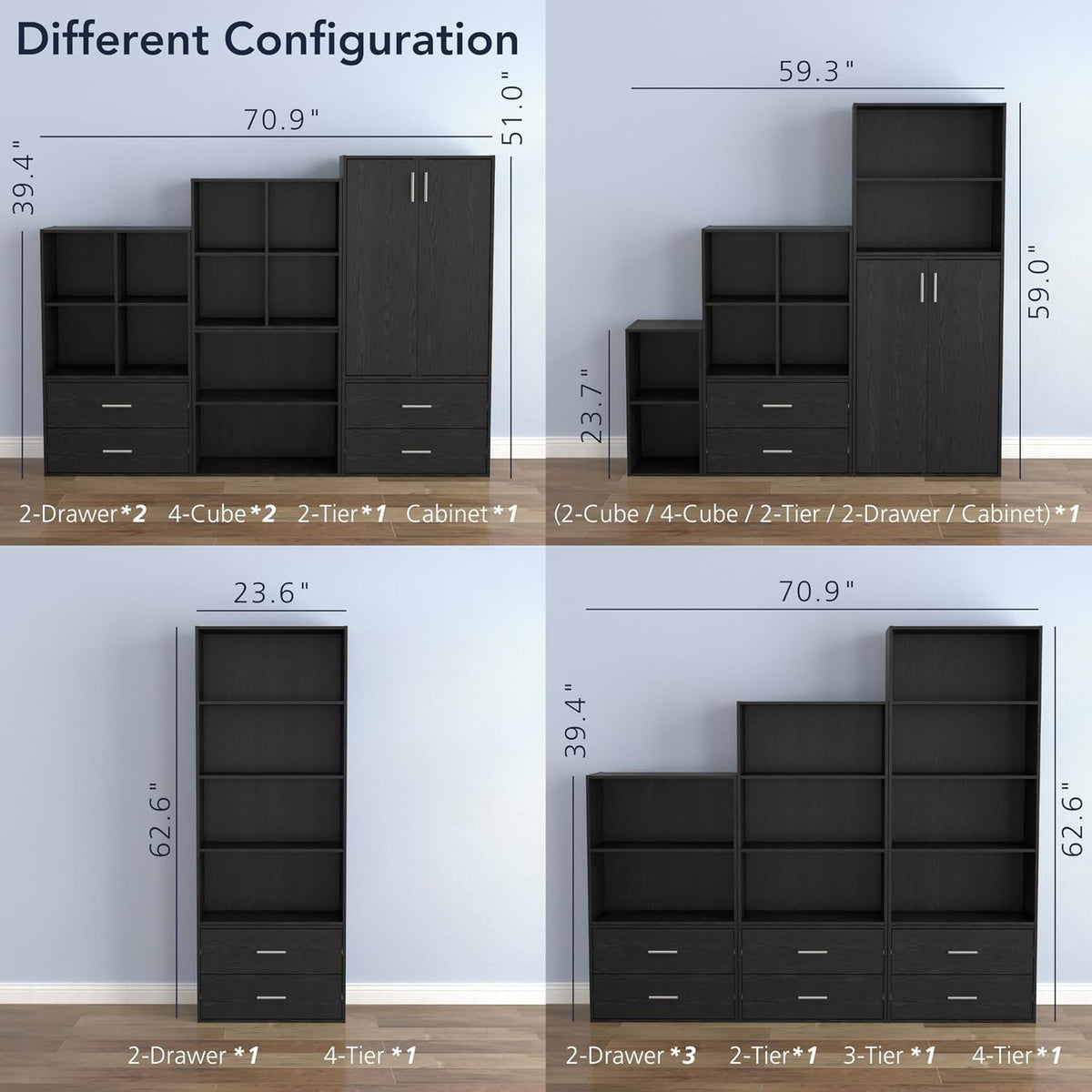 Homes: Inside + Out Apexa 2-Cube Storage Organizer Shelves, Stackable Wood Bookcase Fits Cubby Bins for Organization, Dorm Teen Room Decor & Home Office, Black