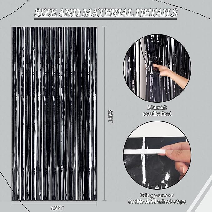 3 Pack Foil Fringe Backdrop - Laser Black Shiny Tinsel Curtains for Party Decoration/Photo Booth Props - 3.3x8.2 FT Metallic Foil Backdrop for Birthday, Wedding, Graduation, Christmas.