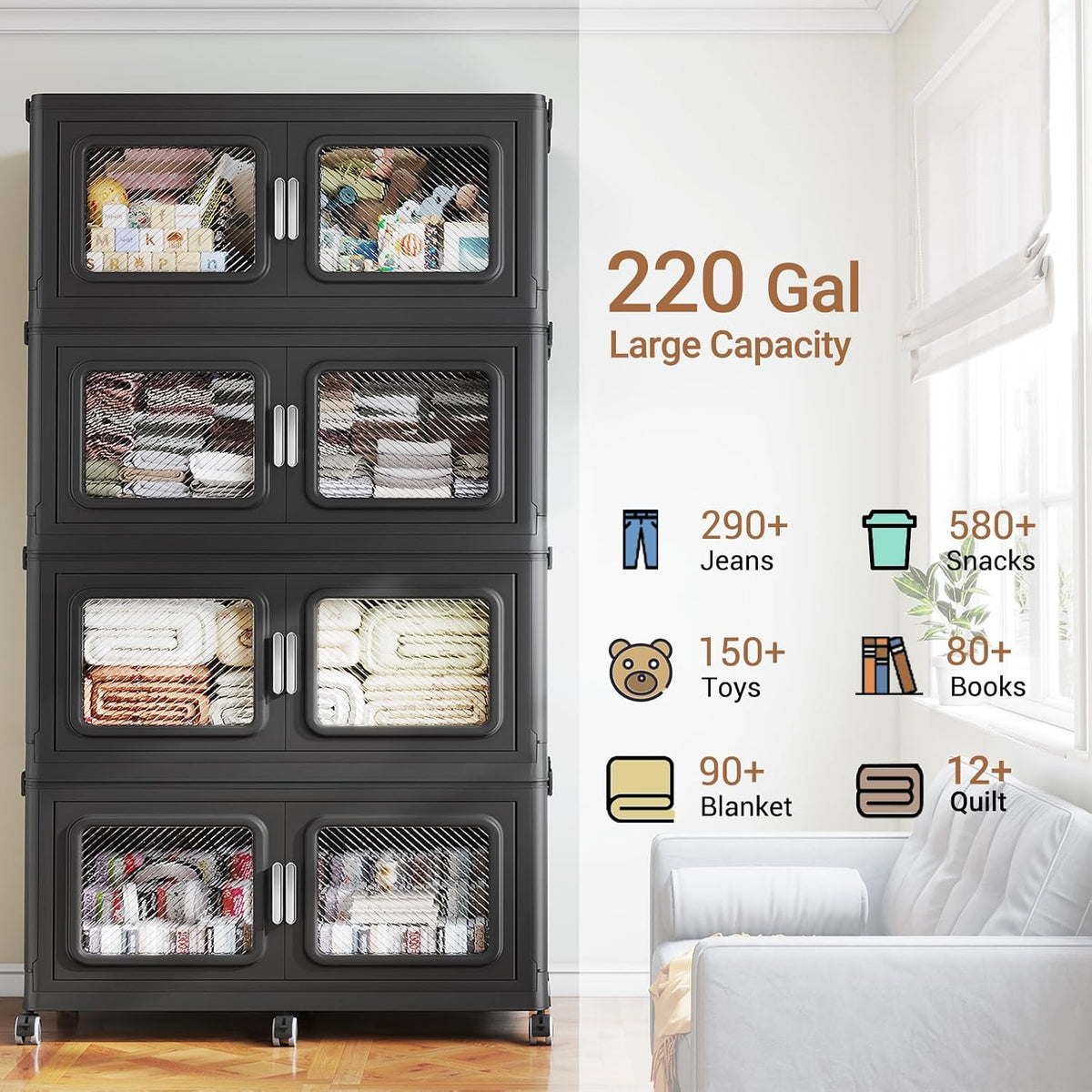 BROVIEW 300 Qt/75 Gal Stackable Storage Bins with Lids, 1 Pack, Black