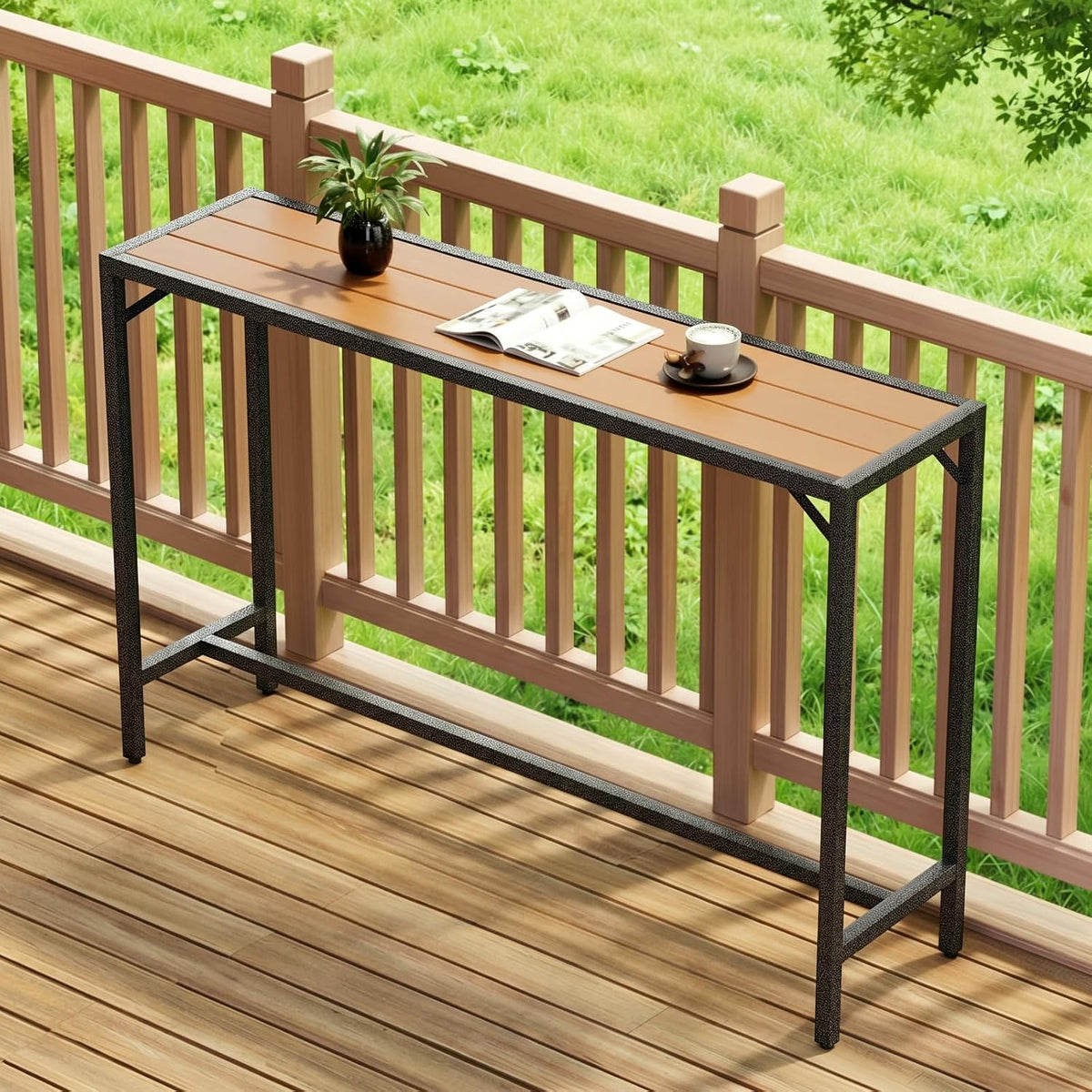 TLSUNNY 55" Patio Bar Table, Sturdy Outdoor Counter Height Table, Teak