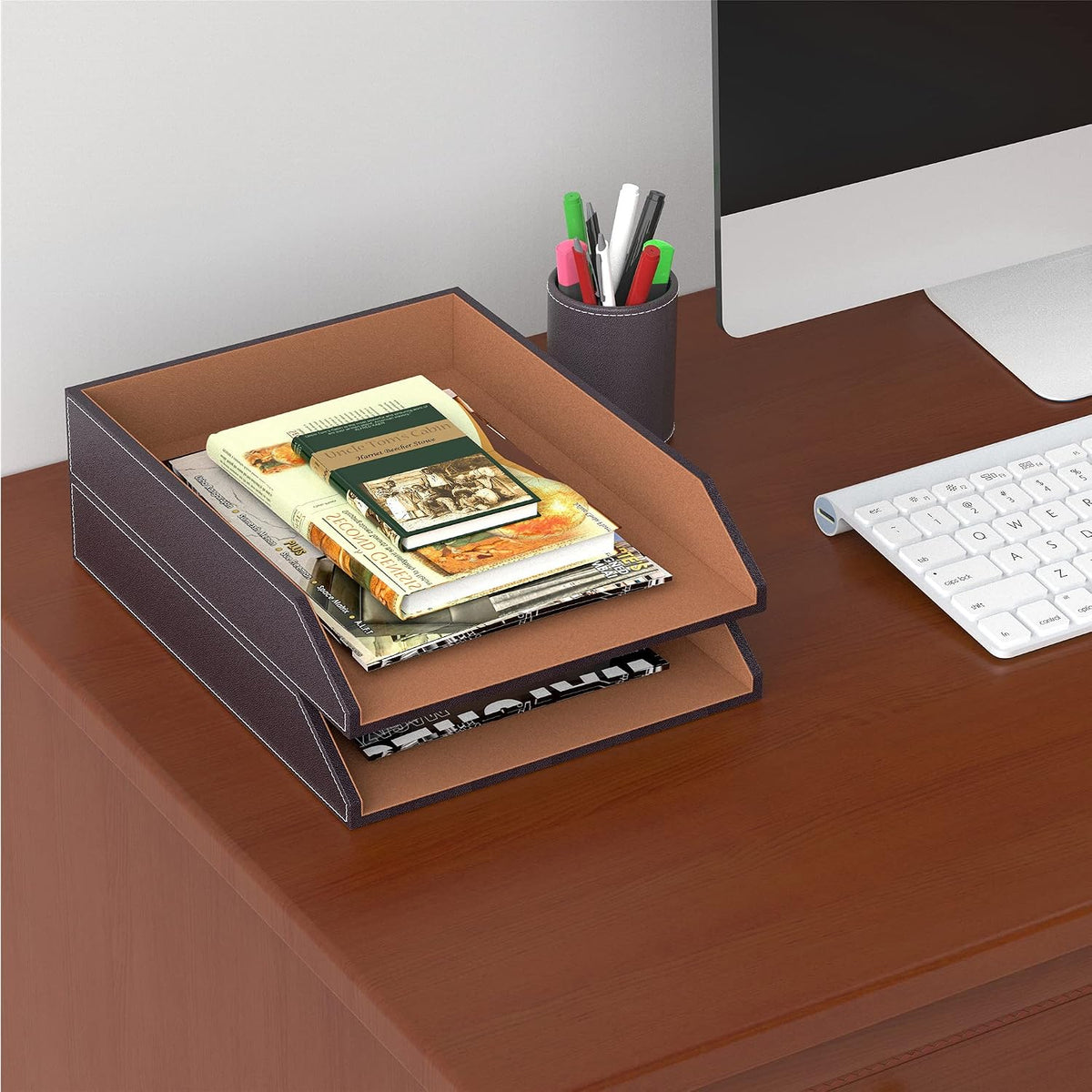 Leather Letter Tray, Thipoten Stackable Desk Organizer Holder for Office Supplies, Paper, File, Magazine, Perfect Office Organization for Desktop (Brown-2Tiers)