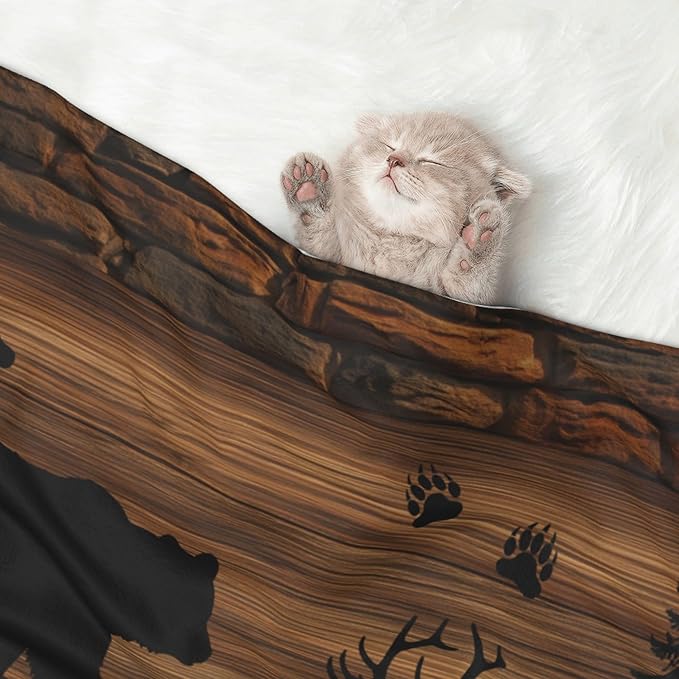Bear Moose Blanket for Pet - Retro Cabin Throw Blanket 23x16 Vintage Couch Blankets for Puppy Dogs Cats