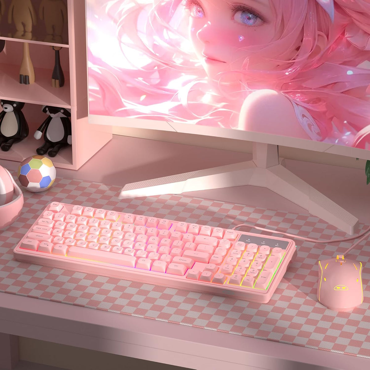 Pink Creamy Keyboard and Mouse Combo,MageGee GK980 Wired RGB Backlit Keyboard and Pink Gaming Mouse Combo,PC Keyboard and Adjustable Sensitivity Mouse for PC/loptop/MAC