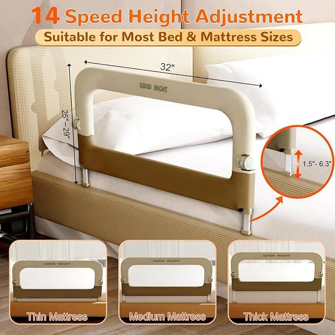 Bed Guard Rail for Toddlers - 32" Adjustable Heights & Folding up Portable Bed Railing for Baby - Toddler Bed Rails Guard for Crib, Twin, Bunk,Full Size, Queen & King Bed