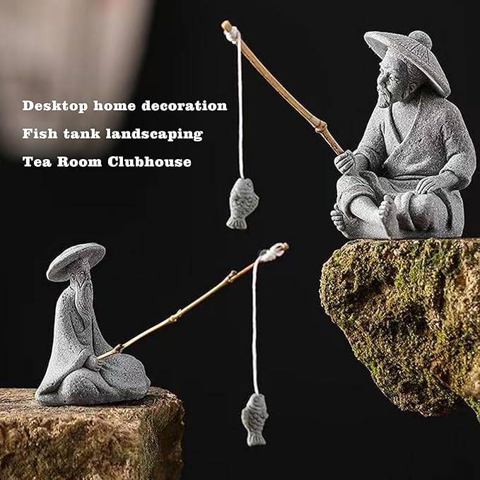 LIYAOLI Mini Fisherman Statue for Aquarium Decor - Sandstone Japanese Fishing Figurine, Fish Tank Ornament, Zen Garden Sculpture & Home Decoration