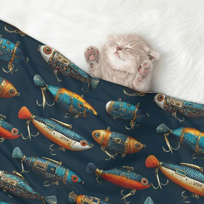 Waterproof Dog Blanket Soft Pet Blanket for Puppy Cat, Fleece Cat Throw Blankets for Furniture Bed Couch Sofa Reversible - Colorful Fishing Lures 2