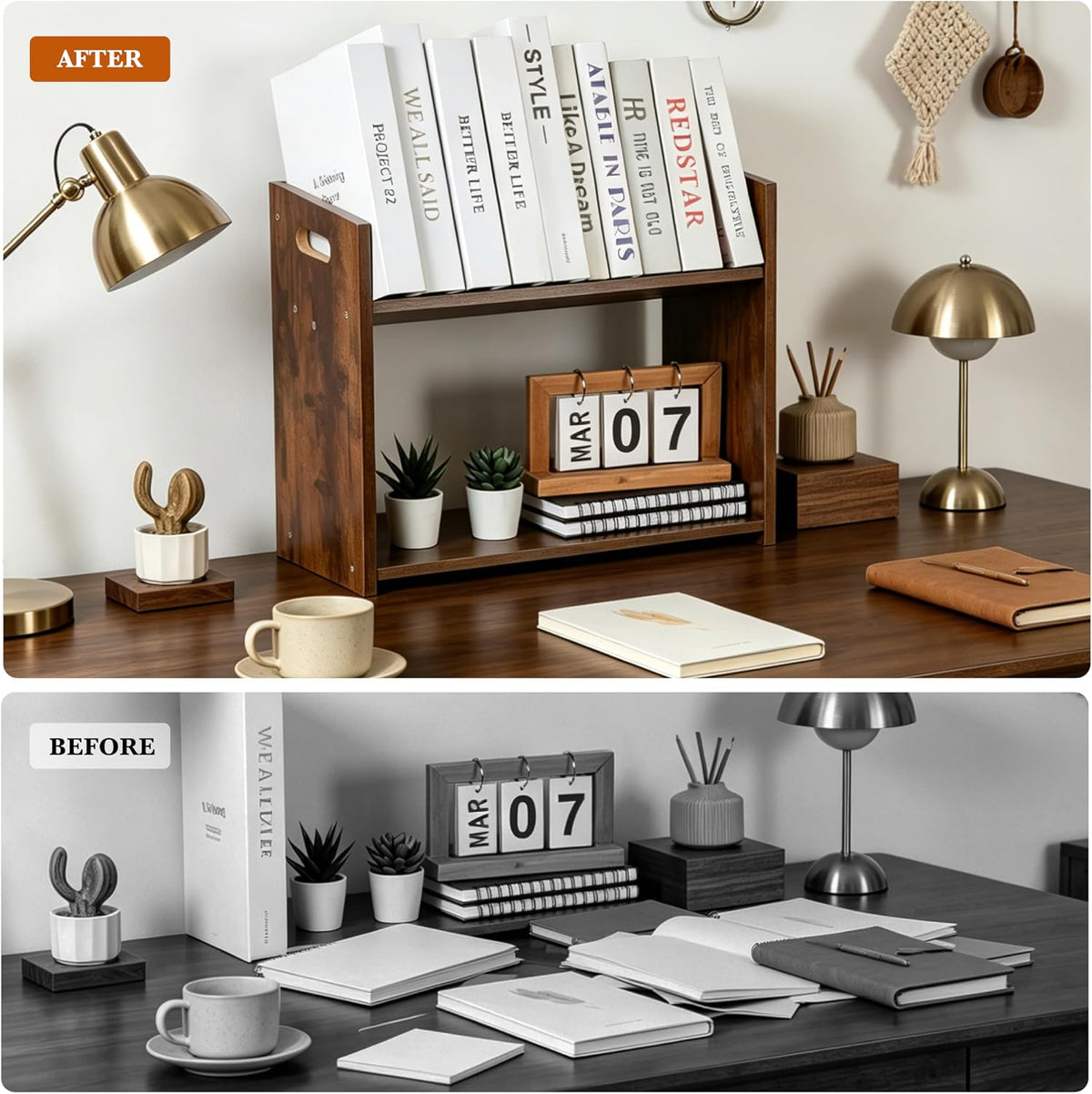 Desktop Bookshelf, 2 Tier Desk Shelf Organizer, Wood Office Tabletop Bookcase, Small Tabletop Book Rack, Portable Mini Bookcase for Book Display, Office, Home, Bedroom, Storage and Display