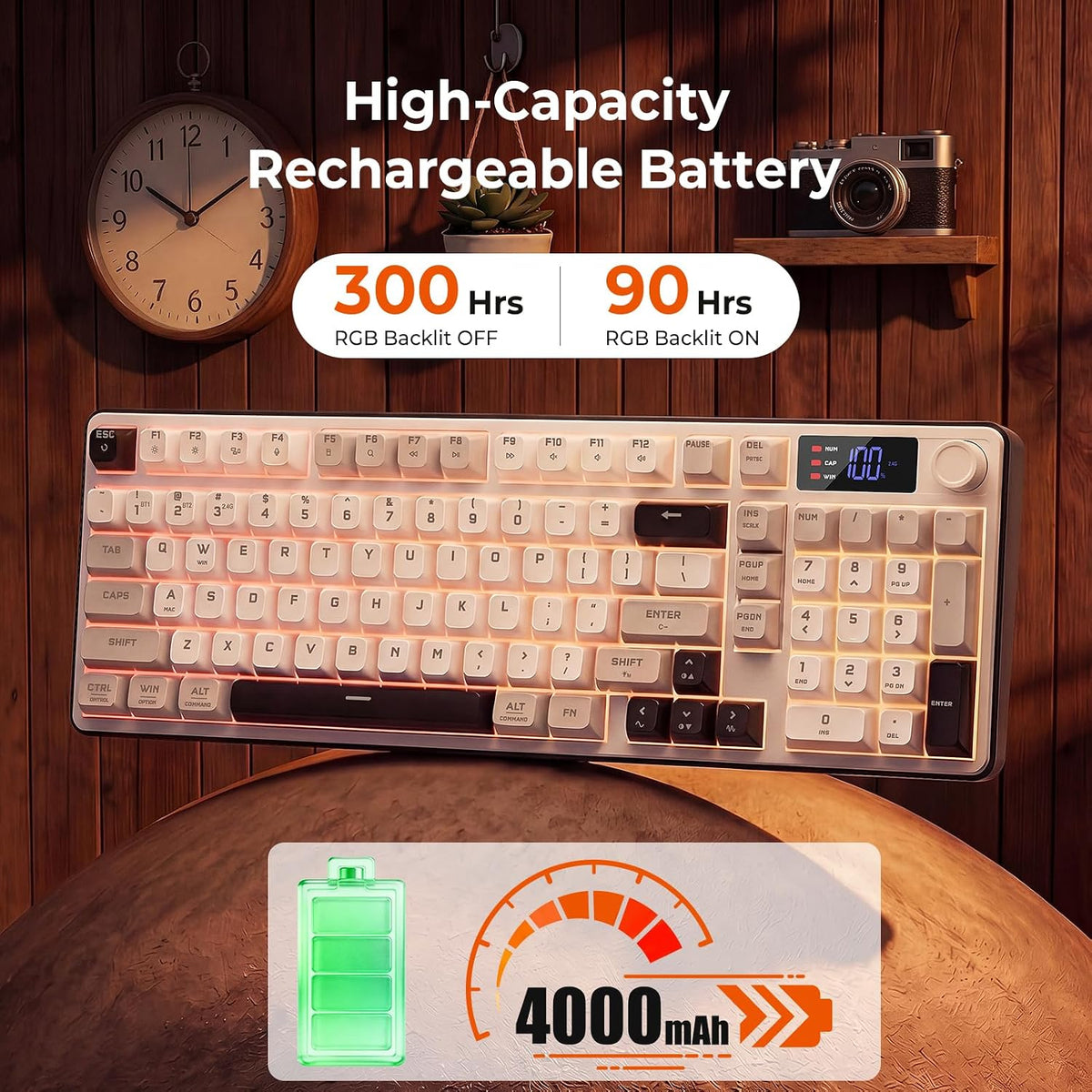 Redragon Wireless Gaming Keyboard, 98-Key Tri-Mode (BT/2.4G/Wired) RGB Computer Keyboard with Knob & Display, Fade-Resistant PBT Keycaps & 4000mAh Battery, Compatible with Windows/Mac - White Gray