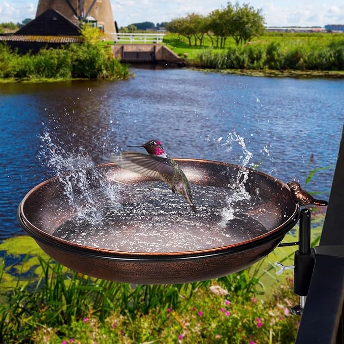 DREAMSOUL Deck Mounted Bird Bath Metal Birdbath Bowl Unheated with Lightweight Detachable, Bird Baths with Adjustable Sturdy Steel Clamp for Deck Railing Balcony Yard Garden Decoration
