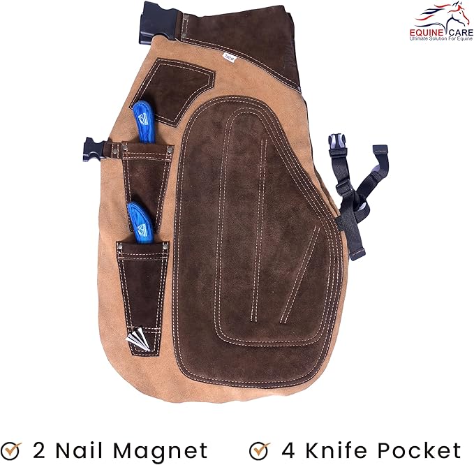 Equine Care Farrier Apron Chaps – Cowhide Suede Leather, Foam Padded Thigh and Back Support, Adjustable Waist, Tool Pockets, Magnetic Nail Holders (23 inches (59 cm))