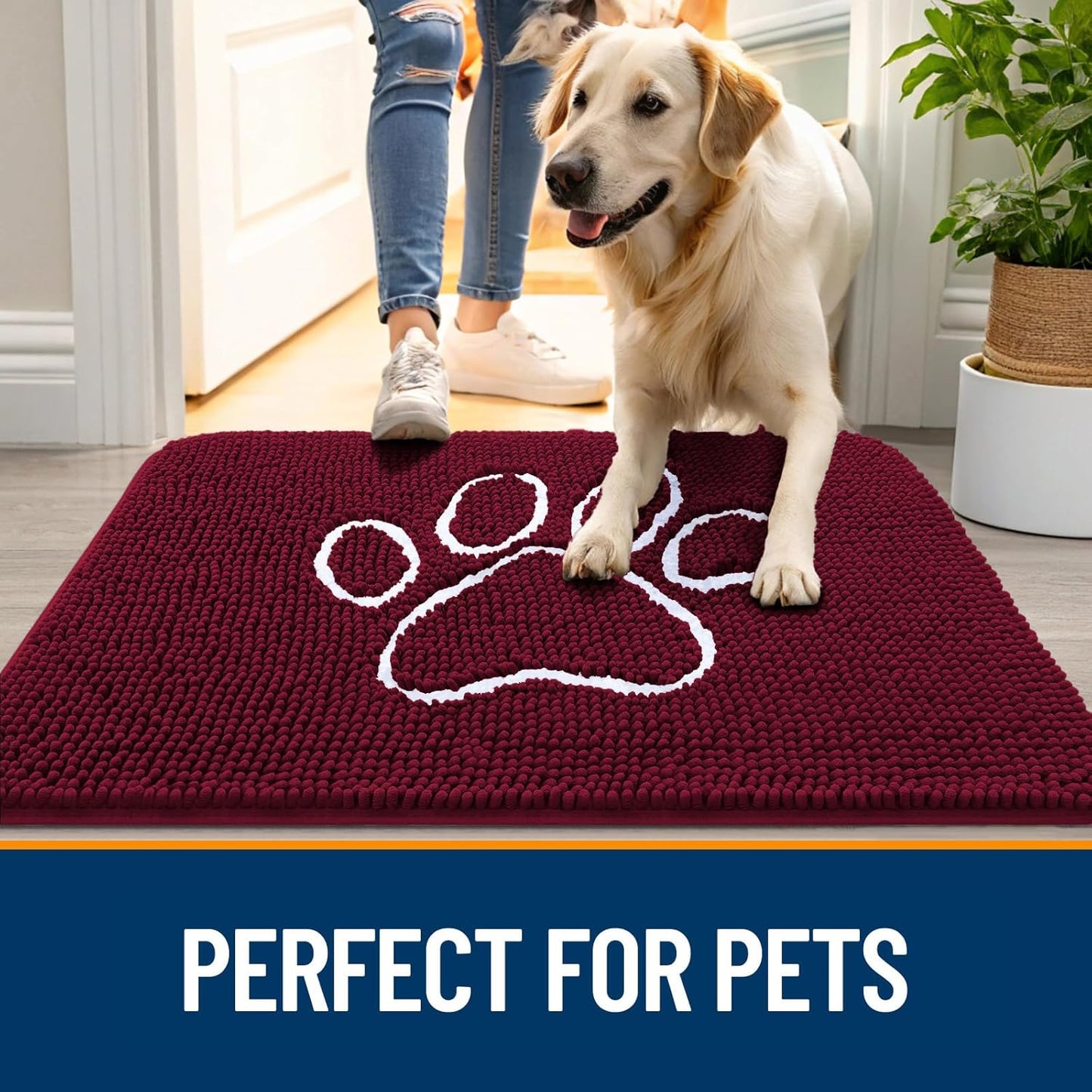 OLANLY Door Mat for Muddy Dog Paws 70x46, Ultra Absorbent Chenille Mud Doormat with Paw Print Design, Non-Slip Washable Doormat for Indoor Entryway, Quick-Dry Pet Bed Mats for Dirty Dogs, Burgundy