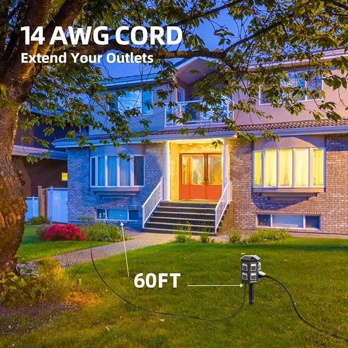 TiFFCOFiO Outdoor Power Strip with Stake Waterproof, 60 FT Extension Cord, 6 Grounded Outlets for Outdoor Lights, 14 AWG, 15A/1875W, ETL Listed