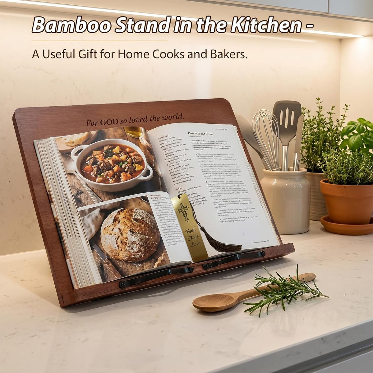 Large Bible Stand Holder, Christian Gifts for Women Men Faith, Spiritual Gifts Decor - Adjustable Bamboo Wooden Book Stand for Reading Hands Free, Cookbook Stand with Sturdy Page Clips