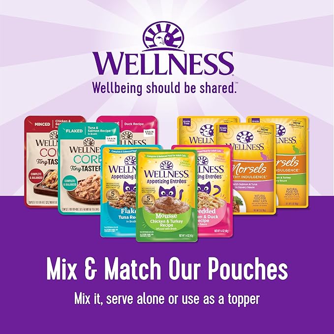 Wellness CORE Tiny Tasters Flaked Adult Wet Cat Food, Natural, Protein-Rich, Grain Free, 1.75-Ounce Pouch, 12 Pack, (Tuna & Salmon)