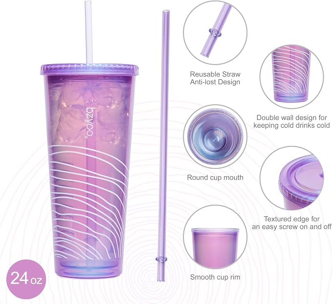 bzyoo 24oz Plastic Tumbler Cup, Lid & Straw, Iced Coffee, dishwasher safe