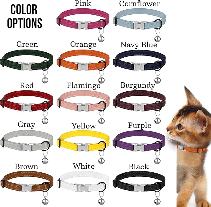 Leather Cat Collar with Buckle and Removable Bell - Non Breakaway Adjustable Soft Safety Small Pet Collars for Girl Boy Cats Kitten (Purple)