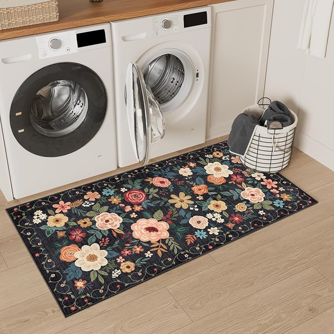 DUKINO 2x4 Rug for Entryway, Washable Kitchen Floral Runner Rug