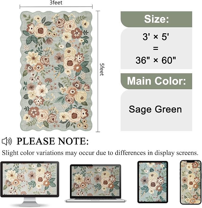 DUKINO 3x5 Area Rug, Floral Non-Slip Indoor Washable Rug