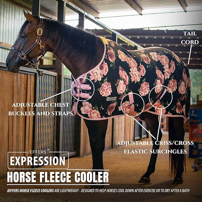 Jeffers Expression Fleece Cooler for Horses, Standard Neck, Rose Garden 87"- Equine Towel Blanket, Moisture Absorbent, Light Weight, Best for Drying, Exercise, Bathing, Adjustable Belly Bands