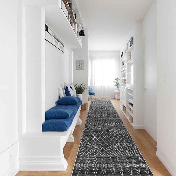 Moroccan 2'6"x12' Hallway Runner Rug: Washable Non Slip Bedroom Rugs